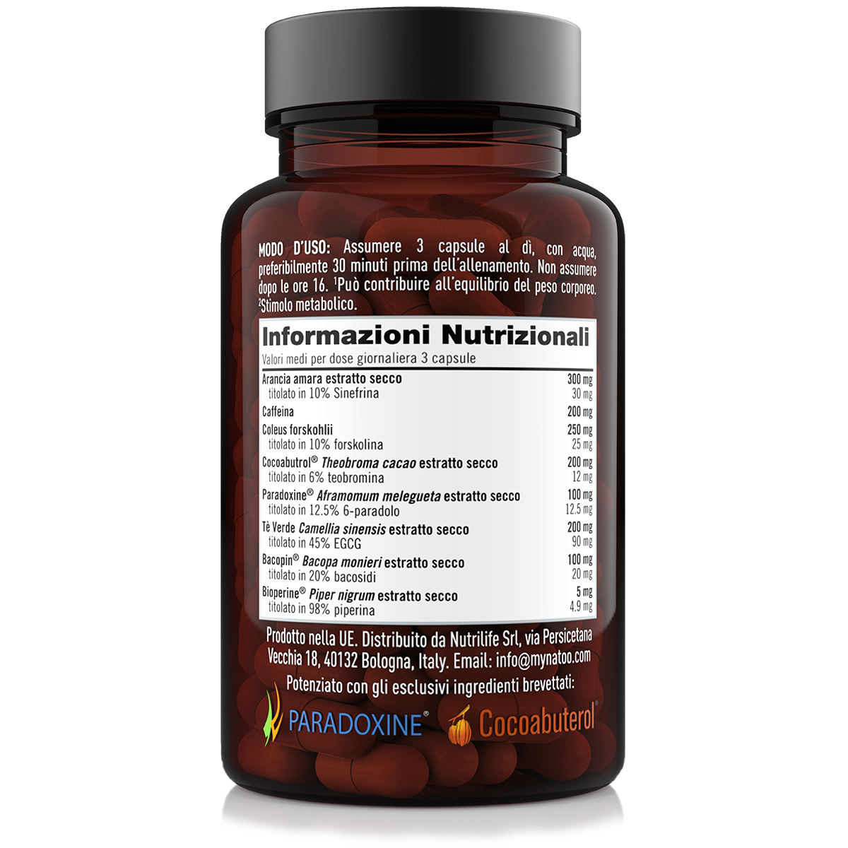 Etichetta laterale sinistra Nätoo Diet Boost con tabella nutrizionale completa: arancia amara, caffeina, coleus, tè verde, Paradoxine®, Cocoabuterol®, Bacopin®, Bioperine®
