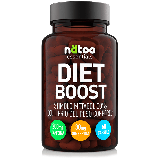 Barattolo in vetro Nätoo Diet Boost Essentials – formula termogenica con caffeina 200mg, sinefrina 30mg e 8 ingredienti attivi, 60 capsule vegetali, vista frontale